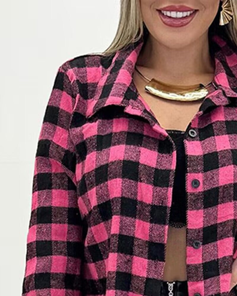 Plaid Pattern Button Down Shirts Long Sleeve Shackets Casual Blouse Top