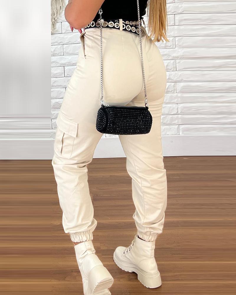 High Waist Pocket Design Cuffed Pants