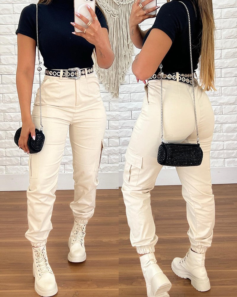 High Waist Pocket Design Cuffed Pants