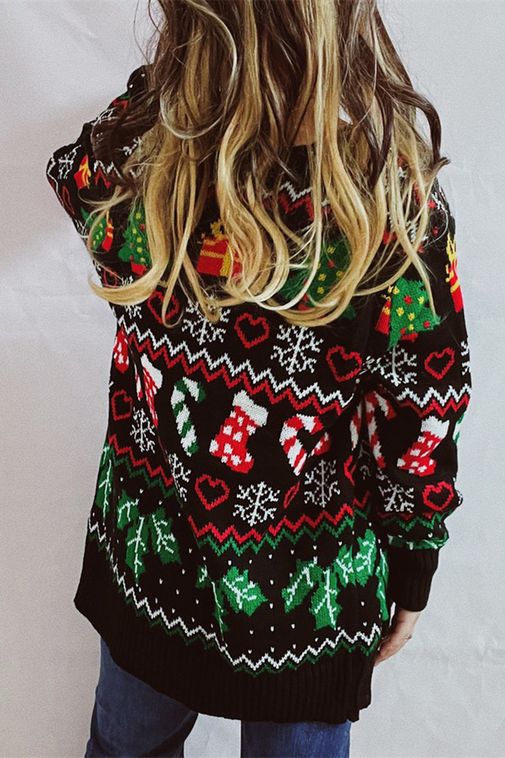 Black Heart Christmas Fashion Pattern Button Up Drop Shoulder Cardigan