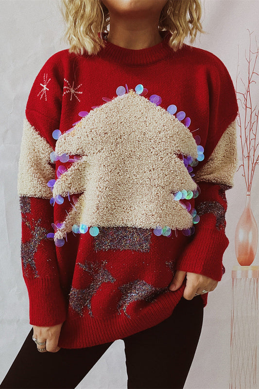 Peacock Blue Sequin Fuzzy Christmas Tree Tinsel Elk Drop Shoulder Sweater