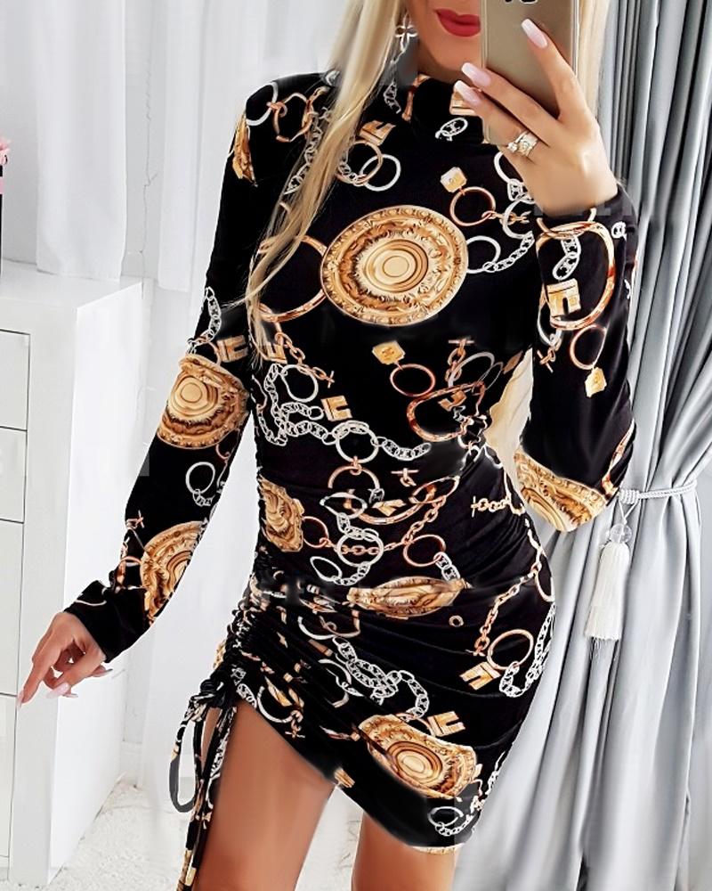 Baroque Chain Print Drawstring Ruched Bodycon Dress