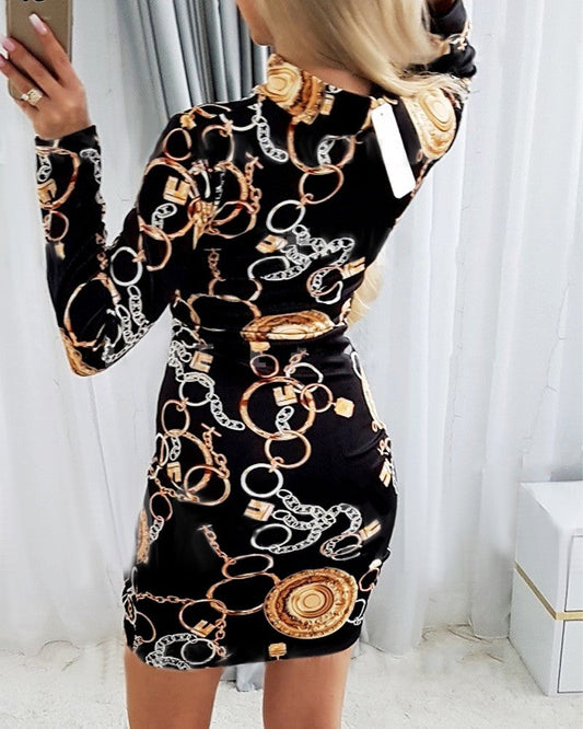 Baroque Chain Print Drawstring Ruched Bodycon Dress