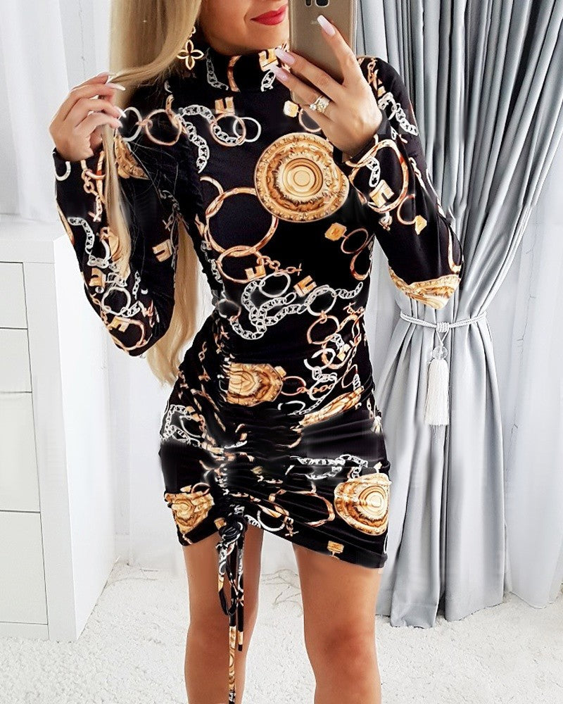 Baroque Chain Print Drawstring Ruched Bodycon Dress