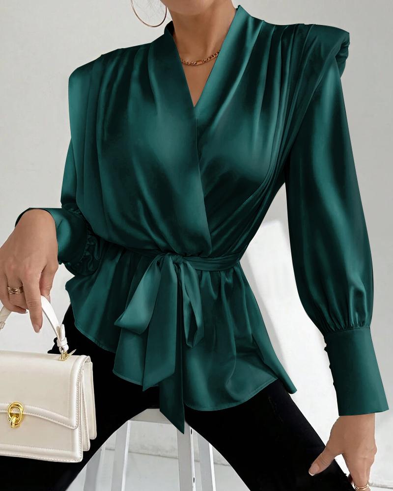 V Neck Long Sleeve Ruched Tied Detail Blouse Top With Shoulder Pad