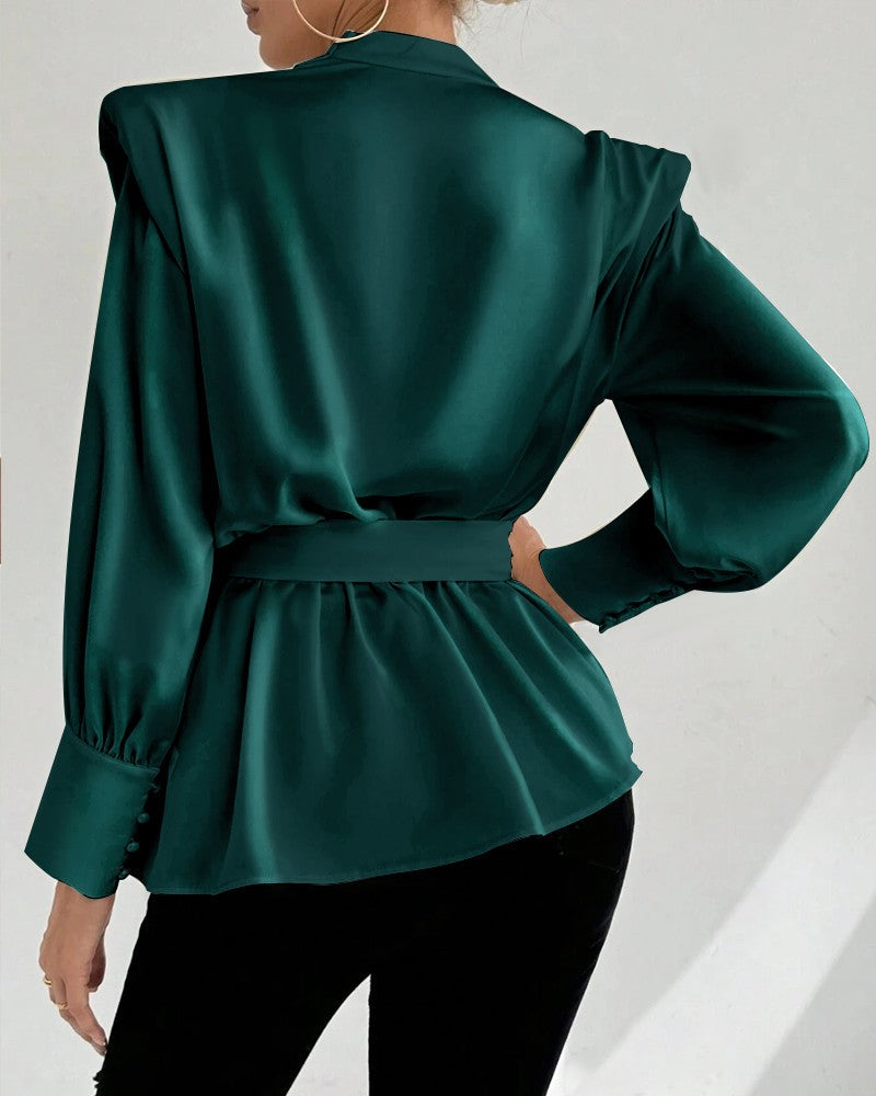 V Neck Long Sleeve Ruched Tied Detail Blouse Top With Shoulder Pad