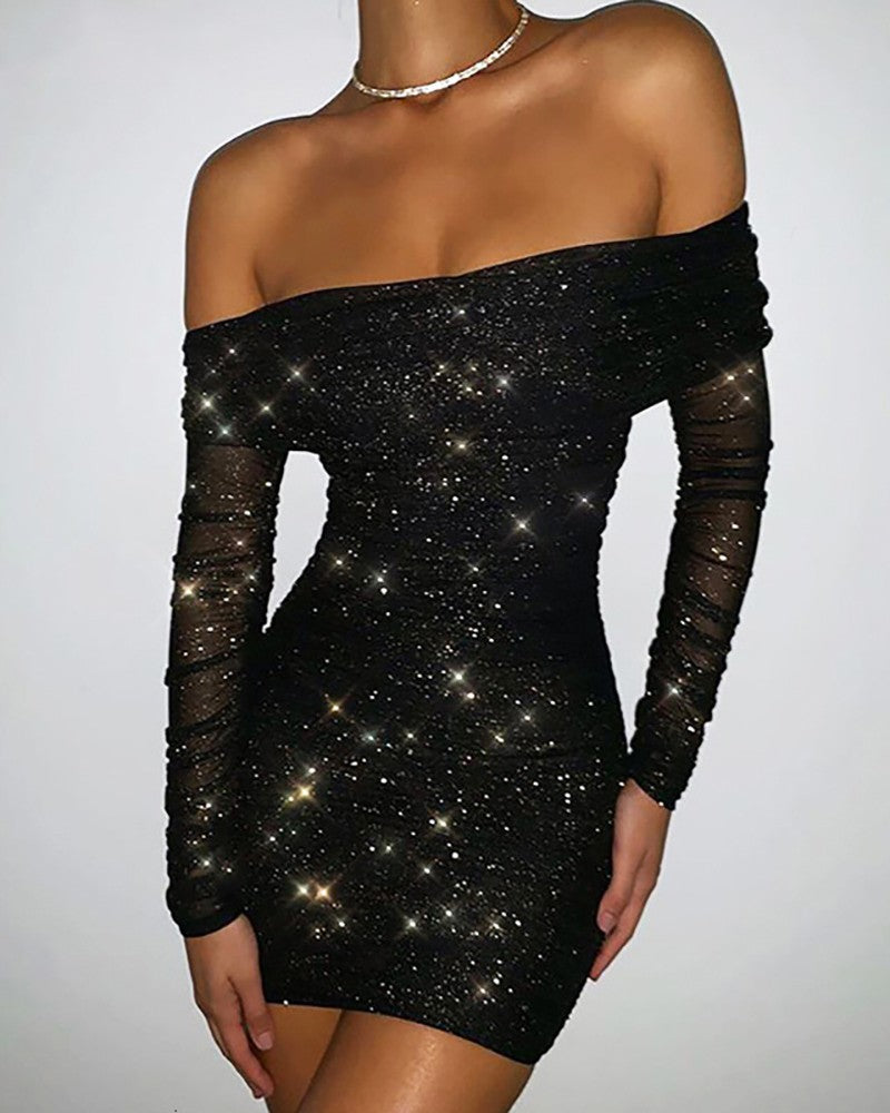 Off Shoulder Ruched Glitter Party Dress