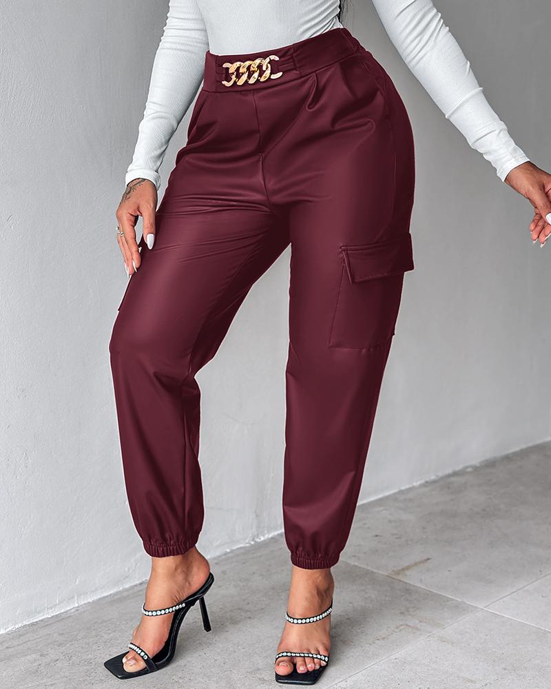 PU Leather High Waist Cargo Pants with Flap Pocket Chain Decor Cuffed Jogger Pants