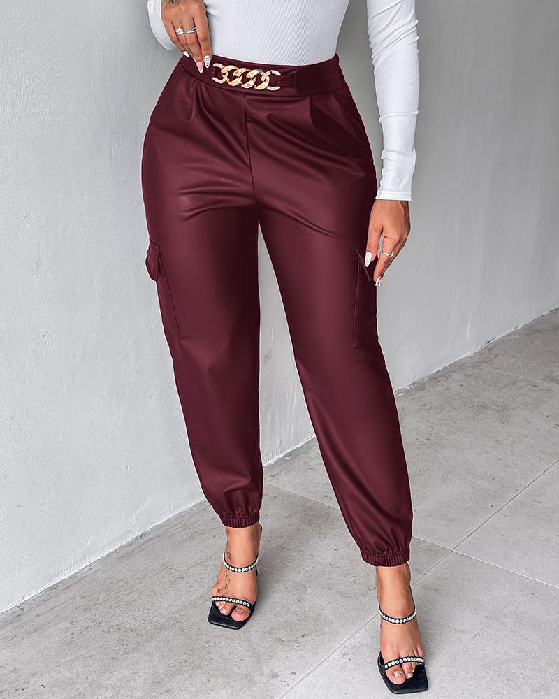 PU Leather High Waist Cargo Pants with Flap Pocket Chain Decor Cuffed Jogger Pants