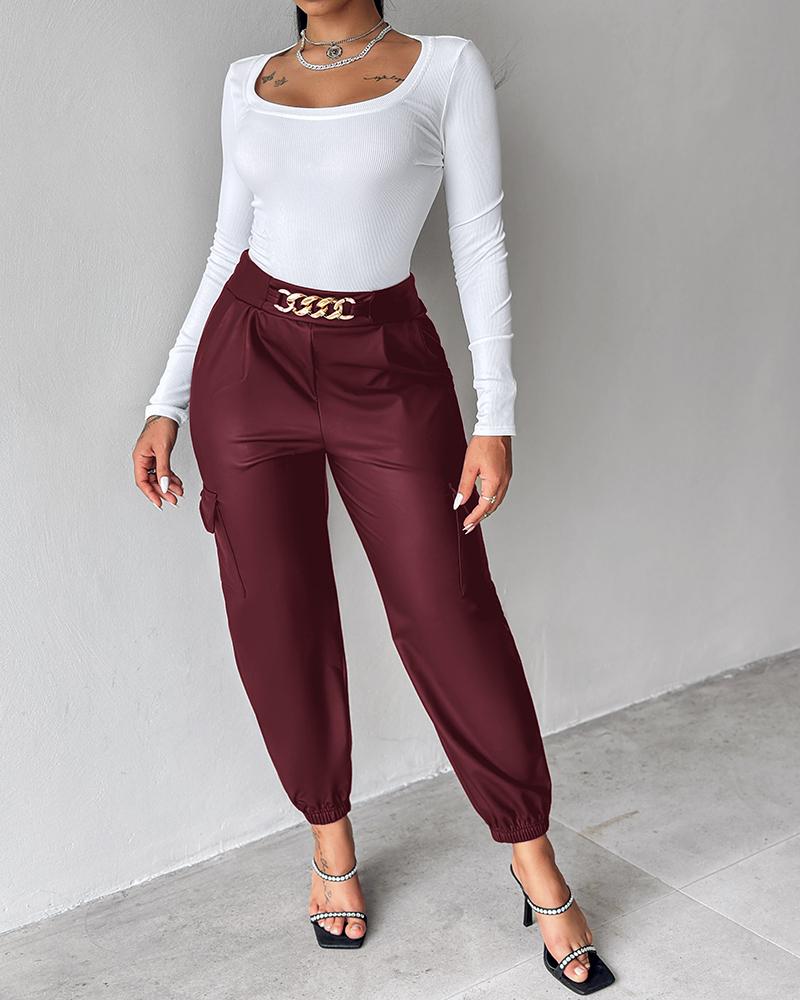 PU Leather High Waist Cargo Pants with Flap Pocket Chain Decor Cuffed Jogger Pants