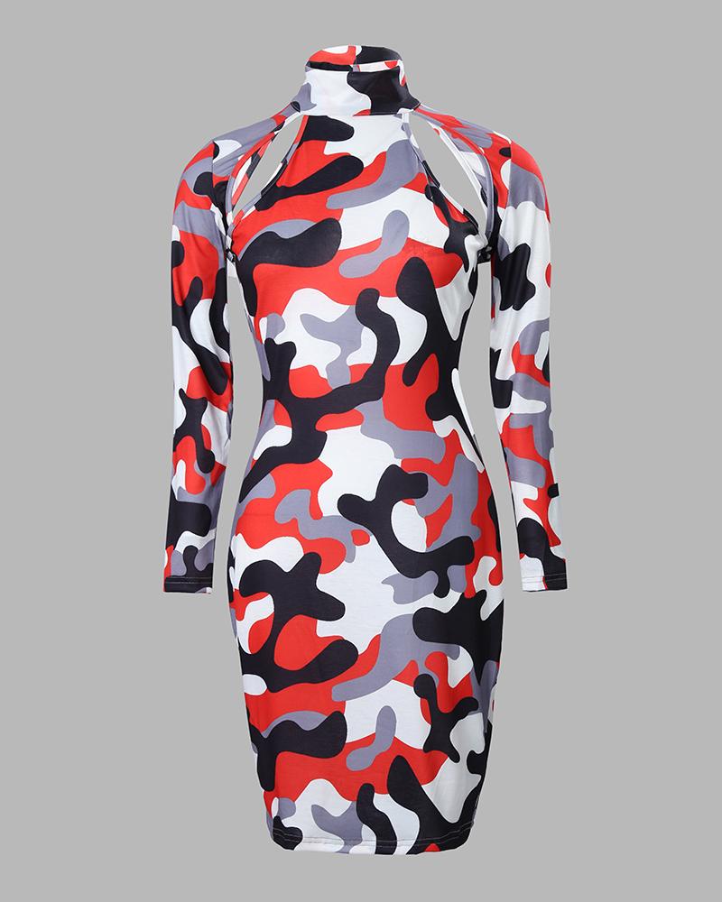 Camouflage Print Cutout Long Sleeve Bodycon Dress