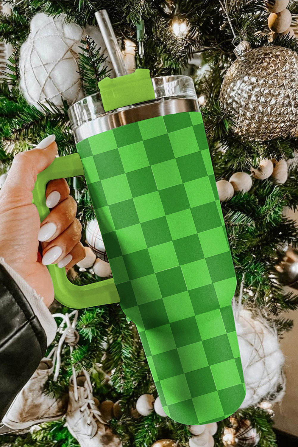 Green Two Tone Checkered Stainless Tumbler with Handle 40oz