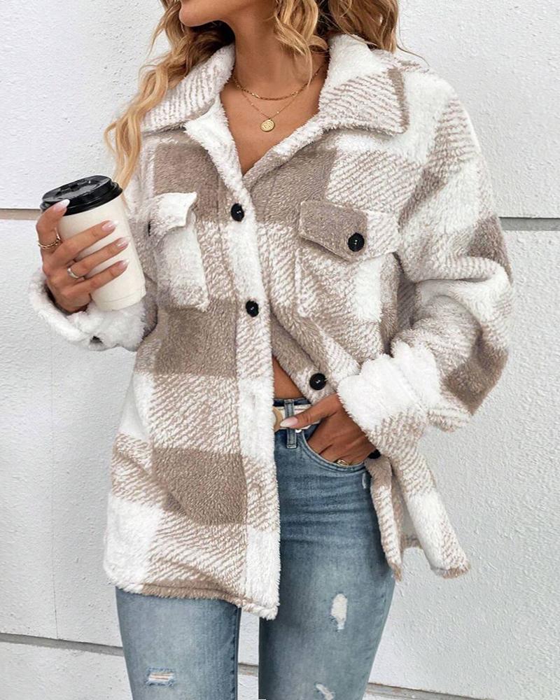 Plaid Pattern Turn down Collar Button Front Teddy Coat