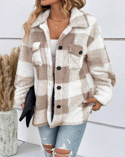 Plaid Pattern Turn down Collar Button Front Teddy Coat