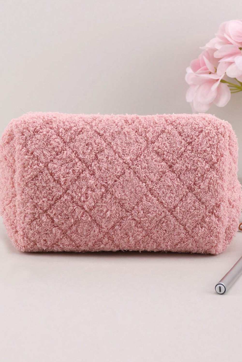 Pink Quilted Checkered Plush Zipped Makeup Bag