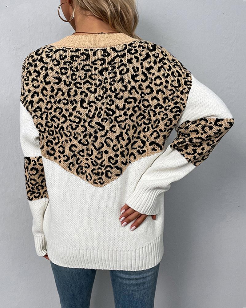 Leopard Pattern Colorblock V Neck Knit Sweater