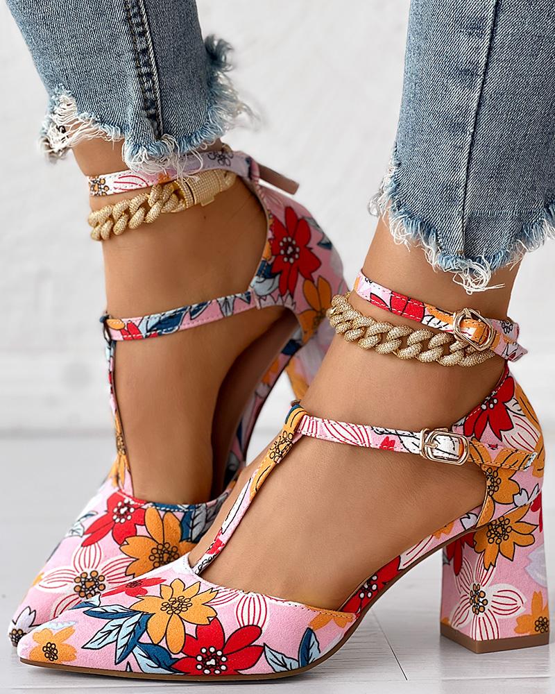 Floral Print T Strap Buckled Chunky Heel Pumps