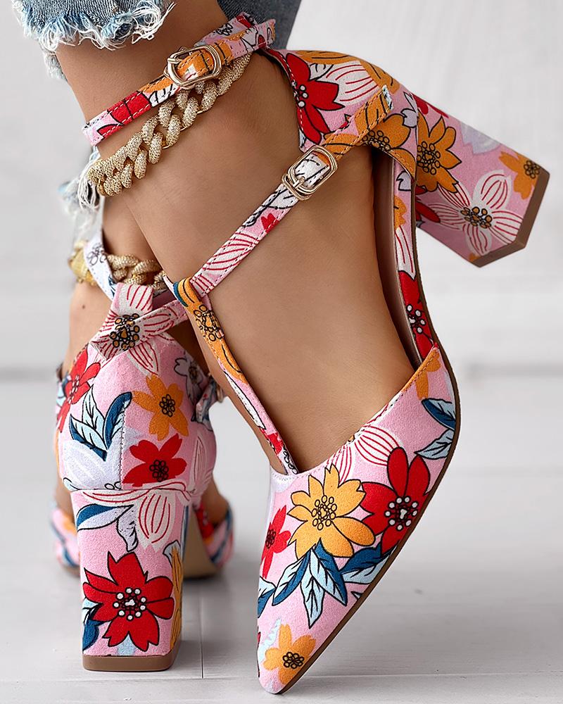 Floral Print T Strap Buckled Chunky Heel Pumps