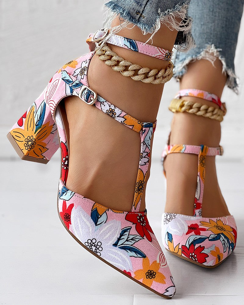 Floral Print T Strap Buckled Chunky Heel Pumps