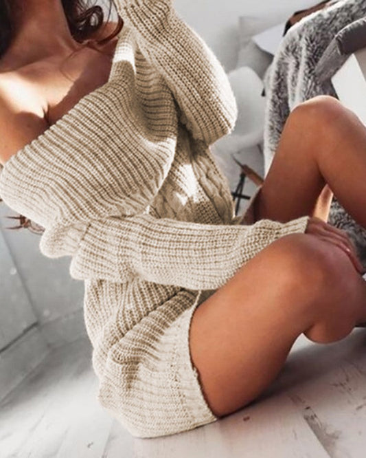 Off Shoulder Knit Long Sleeve Sweater Dress