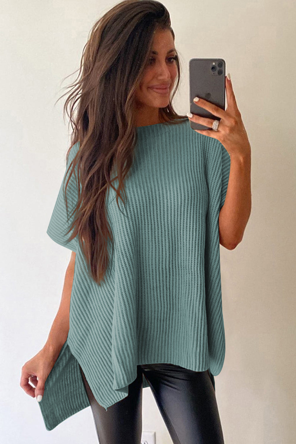 Haze Blue Short Sleeve Side Slit Oversized Sweater