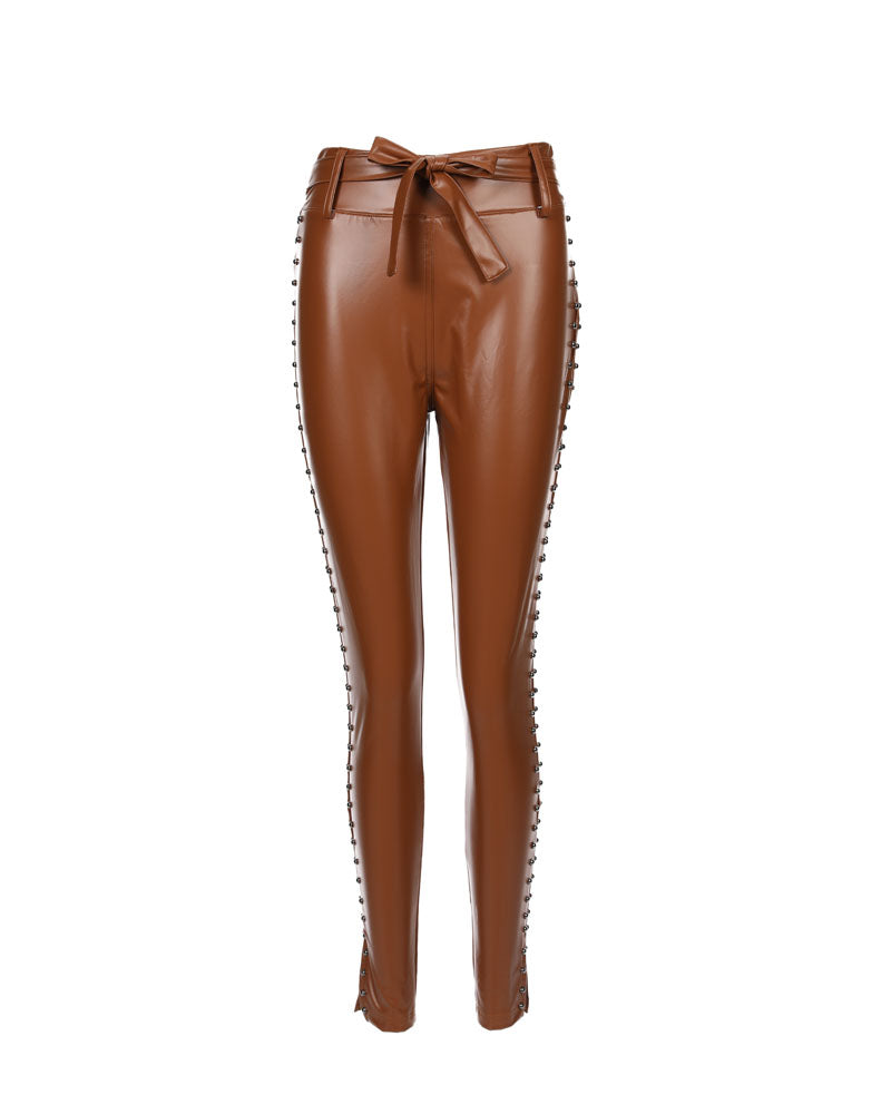 Studded Tied Detail PU Leather Skinny Pants