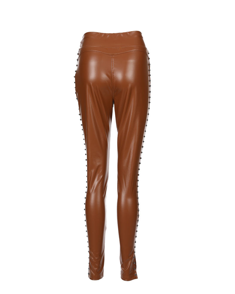 Studded Tied Detail PU Leather Skinny Pants