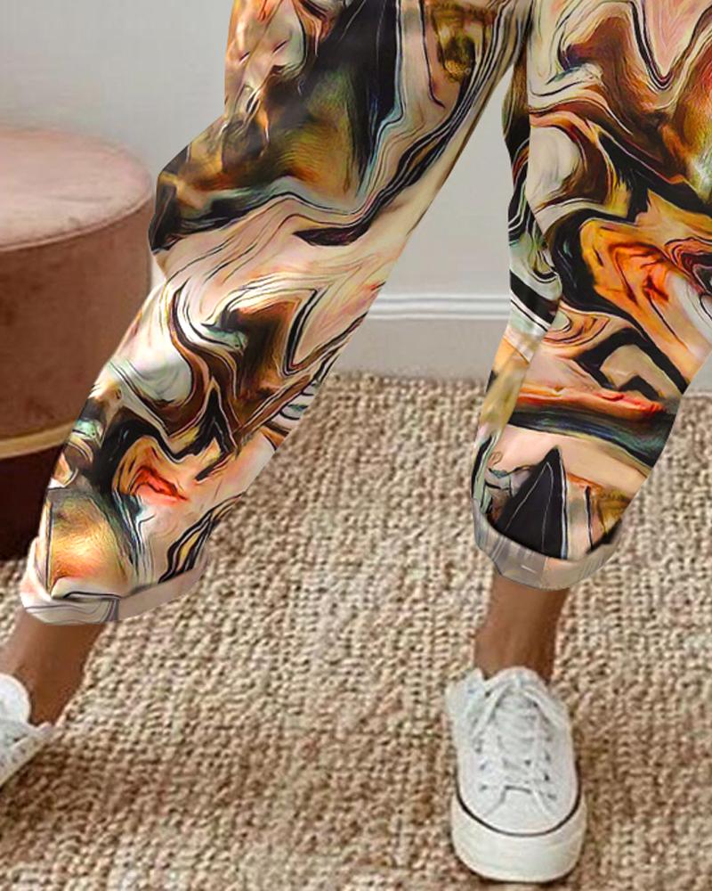 Marble Print Drawstring Cuffed Pants