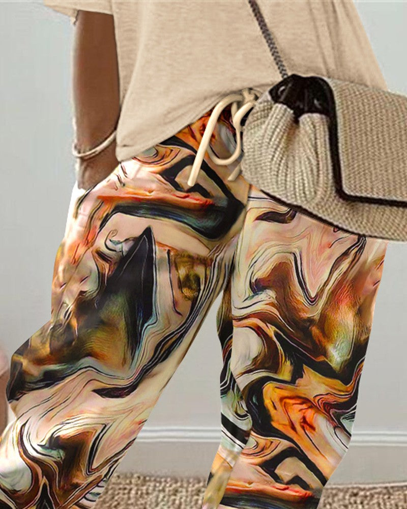 Marble Print Drawstring Cuffed Pants