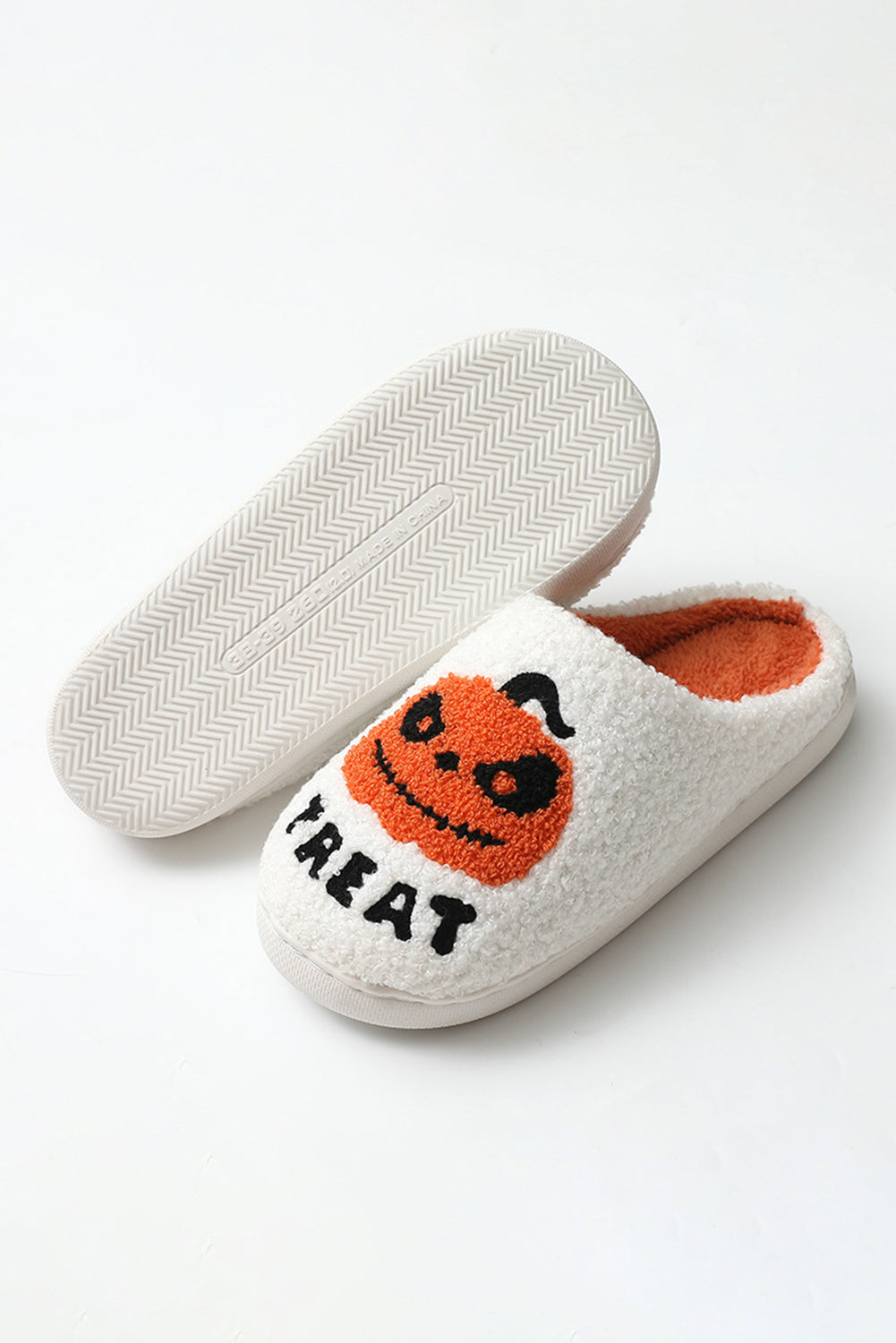 White Halloween Pumpkin Trick Or Treat Plush Slippers