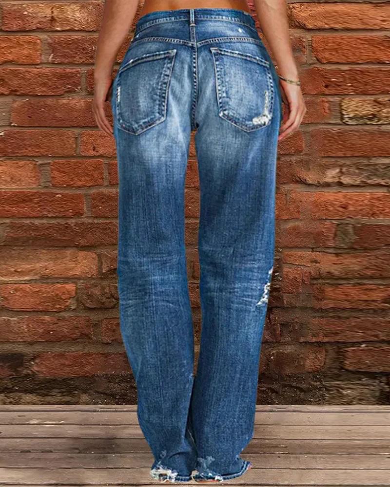 Ripped Low Waist Straight Leg Jeans