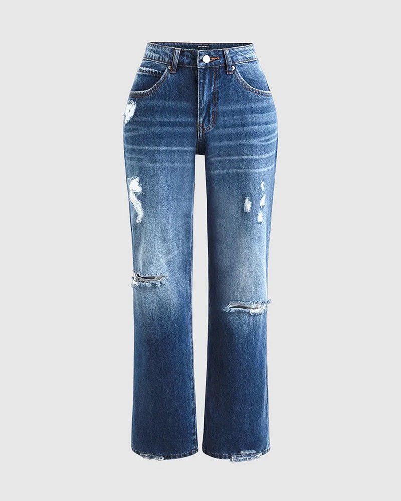 Ripped Low Waist Straight Leg Jeans