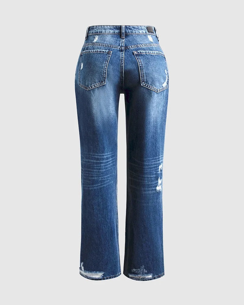 Ripped Low Waist Straight Leg Jeans