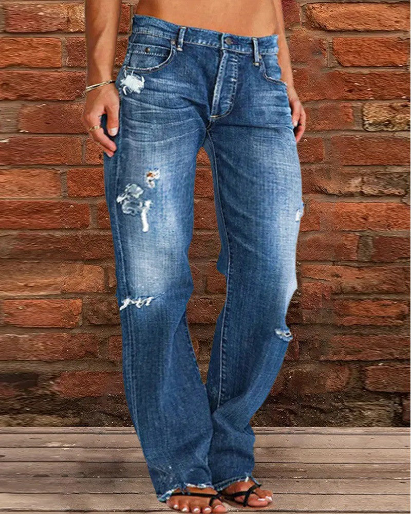 Ripped Low Waist Straight Leg Jeans