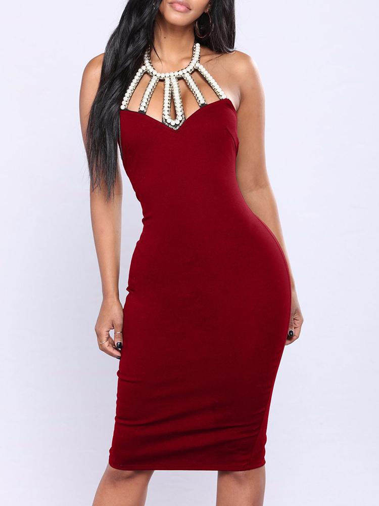 Beading Embellished Halter Open Back Midi Dress