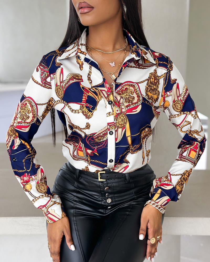 Scarf Print Buttoned Long Sleeve Casual Top