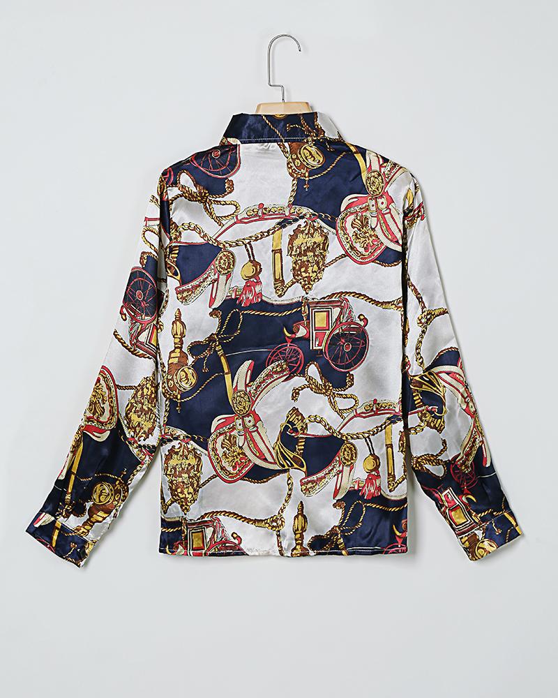 Scarf Print Buttoned Long Sleeve Casual Top