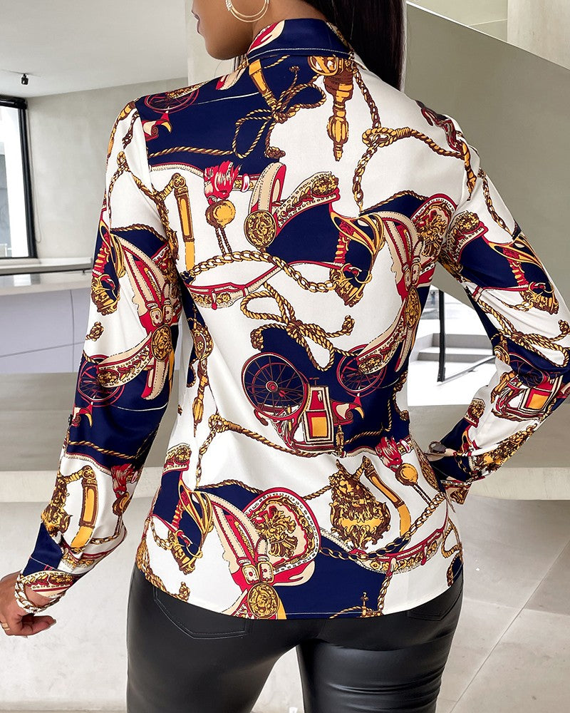 Scarf Print Buttoned Long Sleeve Casual Top