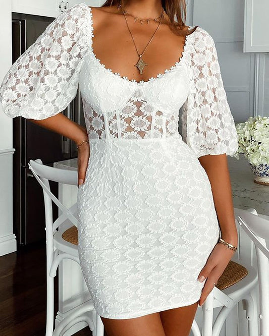 Lace Lantern Sleeve Bodycon Dress