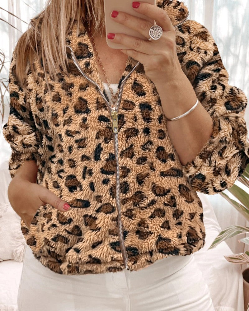 Leopard Print Zipper Design Fuzzy Coat