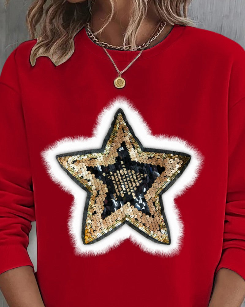 Sequin Star Pattern Fuzzy Detail Sweatshirt