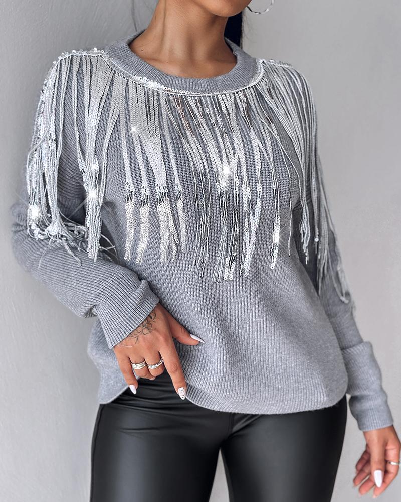 Round Neck Long Sleeve Sequin Tassel Design Knit Sweater