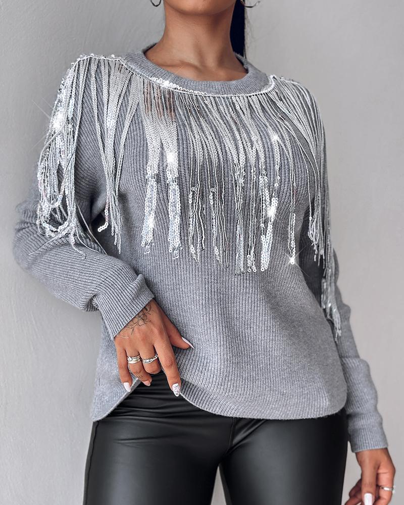 Round Neck Long Sleeve Sequin Tassel Design Knit Sweater