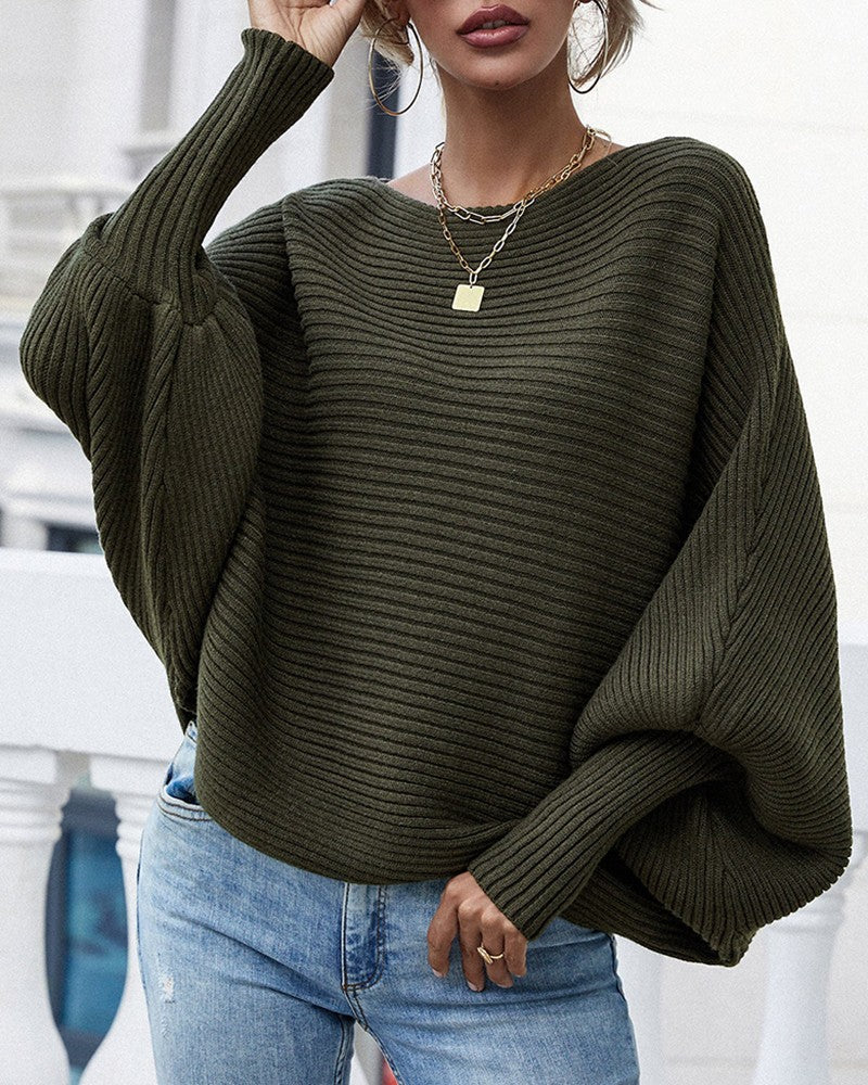 Long Batwing Sleeve Oversized Sweater Casual Crewneck Loose Ribbed Knit Pullover Tops