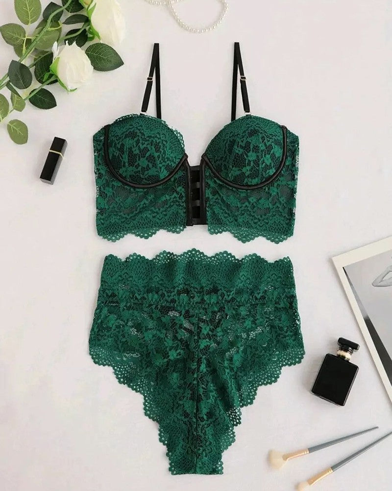 Crochet Lace Scallop Trim Lingerie Set