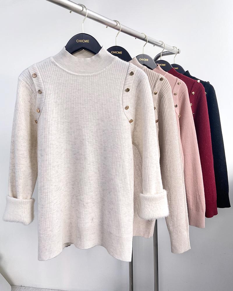 High Neck Knit Sweater Fleece Lined Front Button Basic Layering Soft Thermal Top