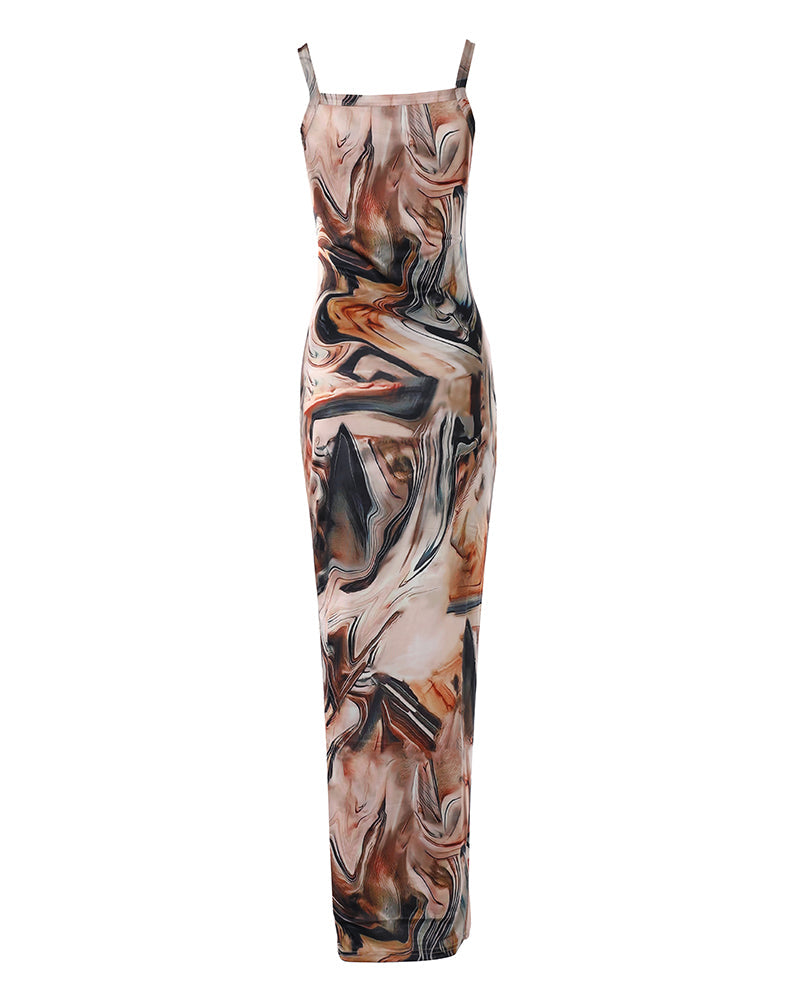 Marble Print U Neck Sleeveless Maxi Skims Dress