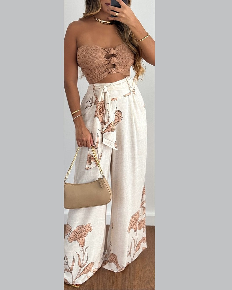 Floral Print Tied Detail Wide Leg Pants