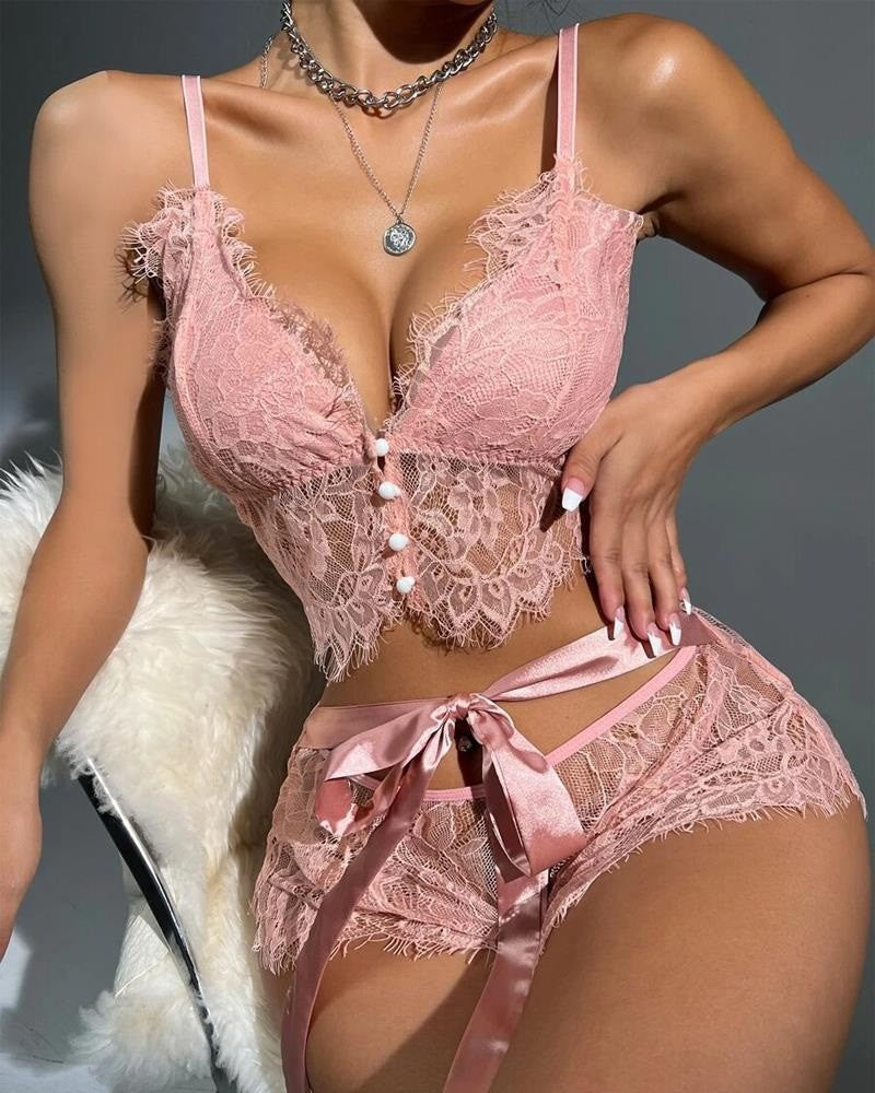 Crochet Eyelash Lace Tied Detail Lingerie Set