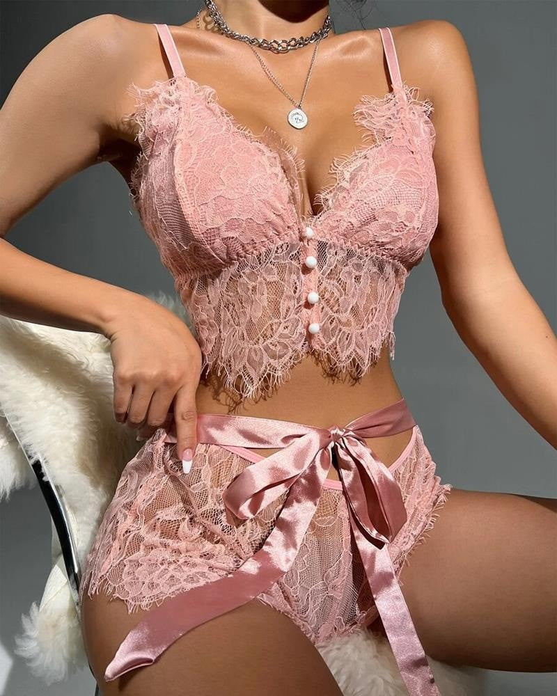 Crochet Eyelash Lace Tied Detail Lingerie Set